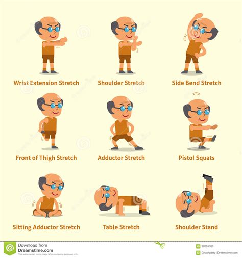 Cartoon Set Of An Old Man Doing Exercises For Health And Fitness Stock