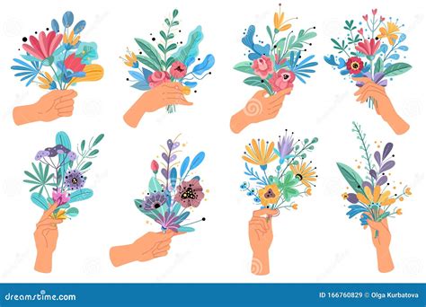 Hands Holding Bouquets Colorful Floral Bundle Bouquets In Hands Decorative Blooming Gifts