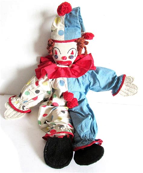 1950s Cloth Clown Doll With Felt Hands And Feet Button Eyes Etsy