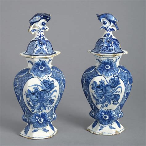 Pair Of 18th Century Blue And White Delft Vases And Covers Timothy