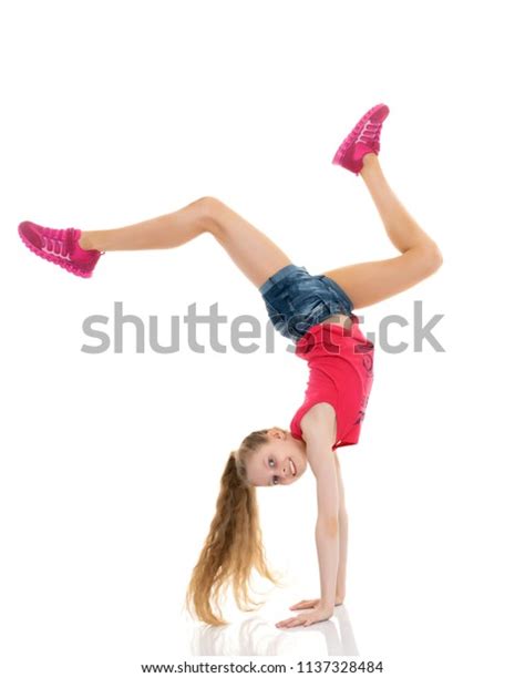 Girl Gymnast Performs Handstand Bent Legs Stock Photo 1137328484