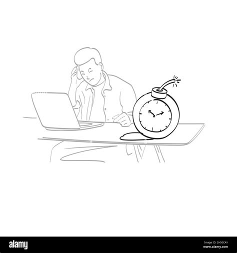 Line Art Businessman Working In Stress On Laptop Computer With Bomb Of