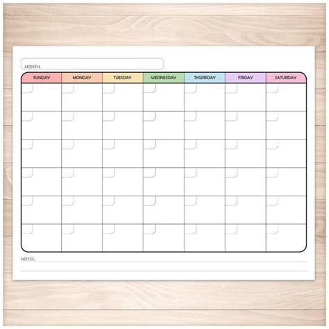 Modern Blank Monthly Calendar Rainbow Full Page With