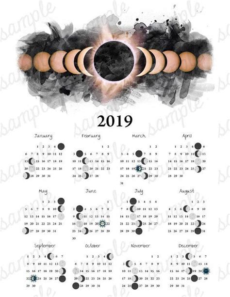 2019 Moon Phase Calendar Eclipse Equinox Solstice Astronomy Etsy