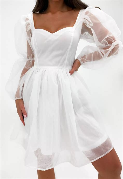 Missguided White Organza Puff Sleeve Mini Dress In Mini Dress