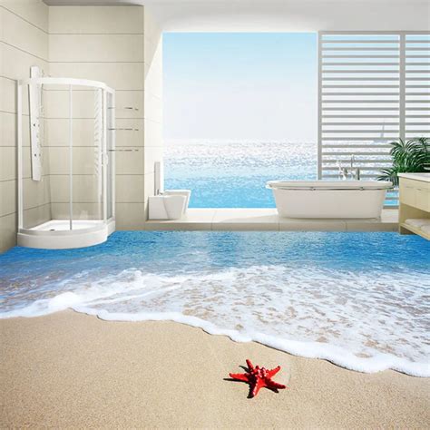 Custom Flooring Mural Wallpaper Beach Starfish Waves 3d Bathroom Floor