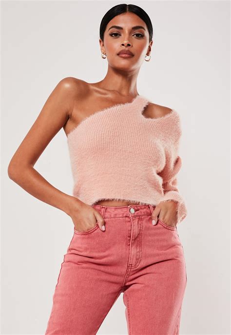 Pink Fluffy Cut Out Neck Double Strap Sweater Missguided