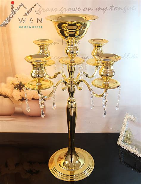 Gold H75cm W48cm Gold 5 Heads Crystal Candelabra Candle Holder Wedding Centerpiece Flower