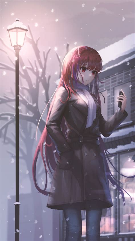 Safebooru 1girl Arm Up Bangs Bare Tree Blurry Building Cellphone Coat