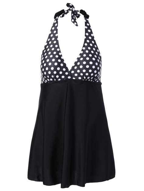 17 Off 2021 Retro Plus Size Polka Dot Halter Skirted Swimwear In Black Dresslily