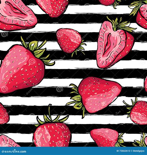 Vector Summer Seamless Pattern Red Strawberries On Black And White