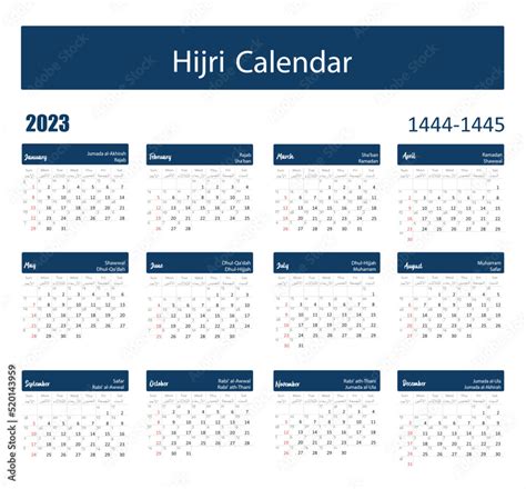 Hijri Islamic And Gregorian Calendar 2023 From 1444 To 1445 Vector