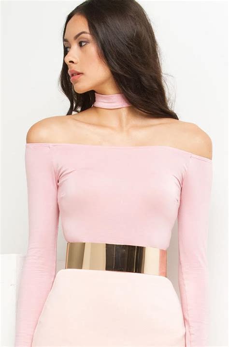 Off Shoulder Long Sleeve Crop Top With Built In Choker In Mauve And Black
