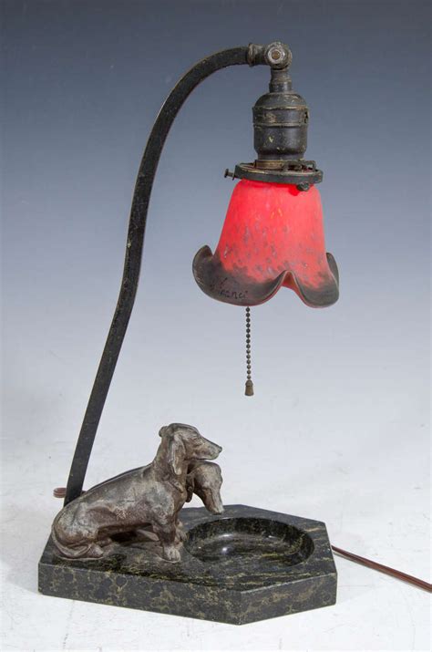 Antique Dachshunds Table Lamp With Art Glass Shade At 1stdibs