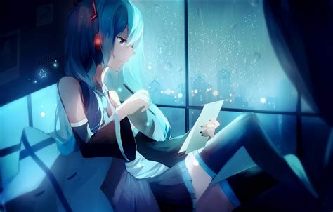 Wallpaper Girl Night The City Rain Home Anime Headphones Art