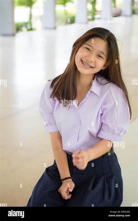 Portrait Of Thai High School Student Uniform Teen Beautiful Girl Happy