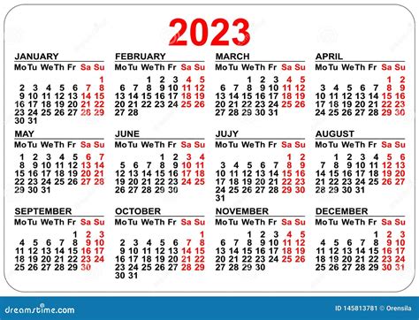 2023 Calendar Template Isolated On White Simple Horizontal Grid Stock