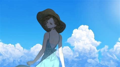 Wallpaper Pretty Anime Girl Dress Clouds Back View Hat