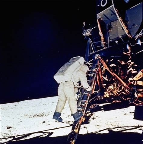 July 20 1969 Buzz Aldrin Descends The Steps Of The Module Ladder As He