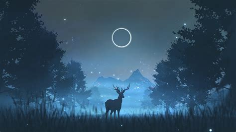 Minimalist Night Scenery Forest Deer Silhouette 4k 41030 Wallpaper
