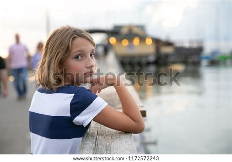 Child Tween Girl On Pier Looking Stock Photo Edit Now 1172572243