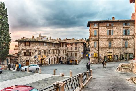 scenic streets of the medieval town of assisi umbria italy editorial photo image of church