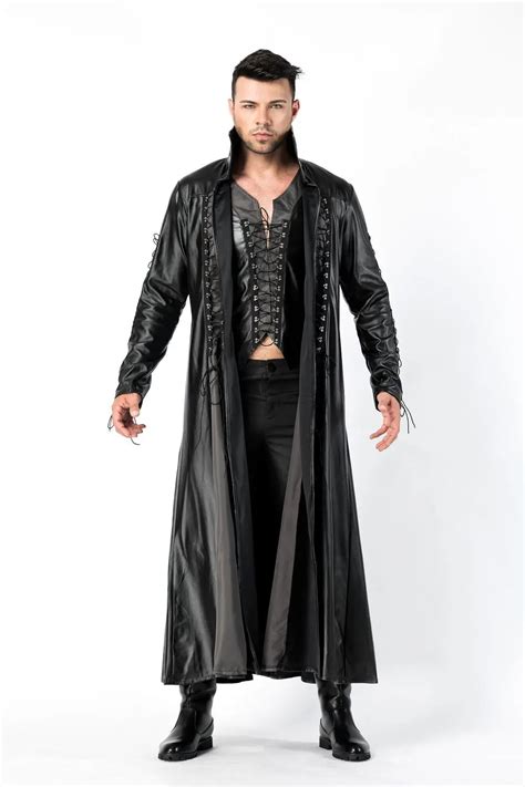 Faux Leather Pvc Long Gothic Coat Fancy Dress For Men Halloween Party