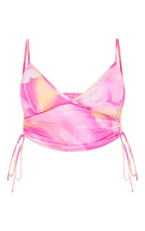 Plus Pink Floral Longline Bikini Top Prettylittlething