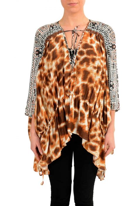 Just Cavalli Womens Graphic Designed Silk Tunic Blouse Top