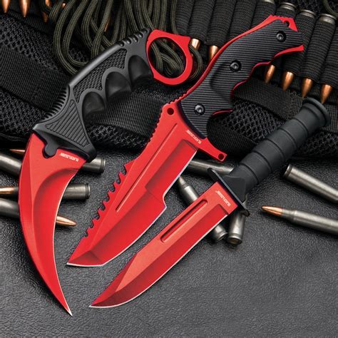 Pc Knife Set Atomic Red Karambit Huntsman Military Knife