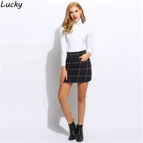 winter sexy women skirt high waisted plaid pocket wool blend pakage hip mini skirt spring skirts