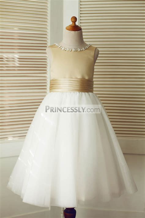 Champagne Satin Ivory Tulle Flower Girl Dress With Beaded