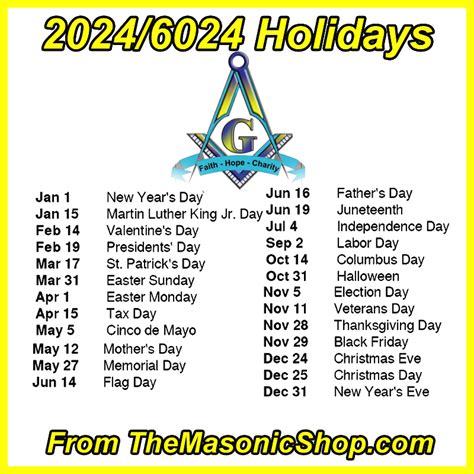 Free Printable 20246024 Holidays From The Masonic Shop