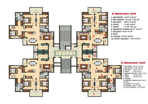 And Bhk Apartment Cluster Tower Rendered Layout Plan N Design Residential Building Plan