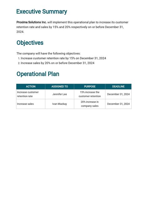 Operational Plan For Project Report Template Free Pdf Word Doc