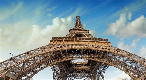Wideangle Street View Of Paris Iconic Eiffel Tower Photo Background And
