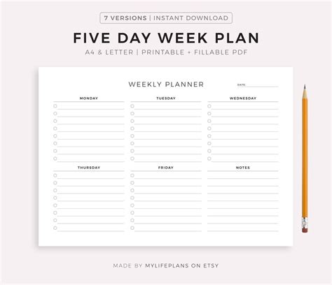 Five Day Weekly Planner Printable To Do List Weekly Schedule Week At
