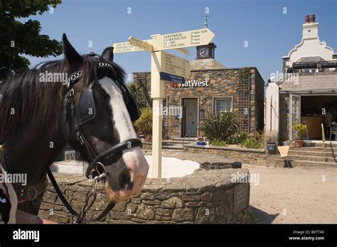 Channel Islands Sark Village With Horse And Signpost Stock Photo Alamy