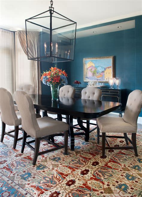 Country House Dining Wrapped In Teal Grasscloth Bidjar Black Table