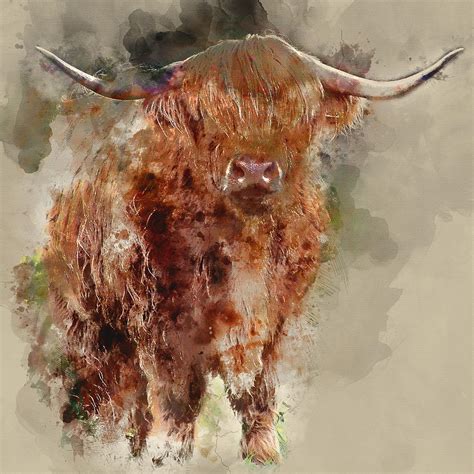Scottish Highland Cattle Watercolor Portrait 1 By Diana Van Painting