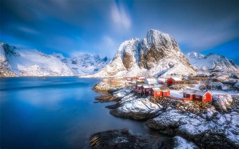 Fonds Décran Lofoten Beau Paysage Maisons Fjord Montagnes Neige