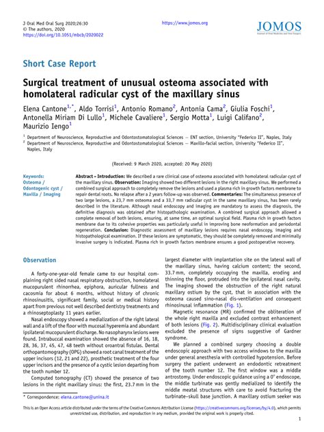 Pdf Surgical Treatment Of Unusual Osteoma Associated With Homolateral Radicular Cyst Of The