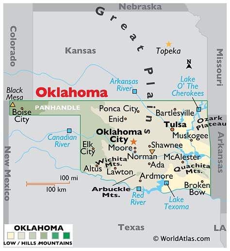 A Map Of The State Of Oklahoma With Cities And Towns On Its Borders