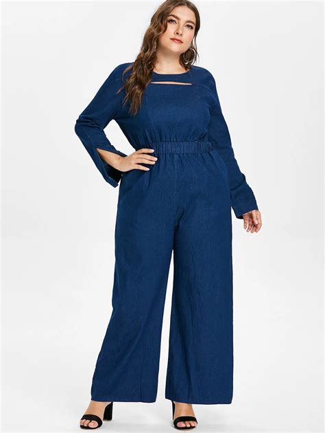 wipalo autumn spring women plus size long sleeve denim wide leg jumpsuit elastic wasit cut out