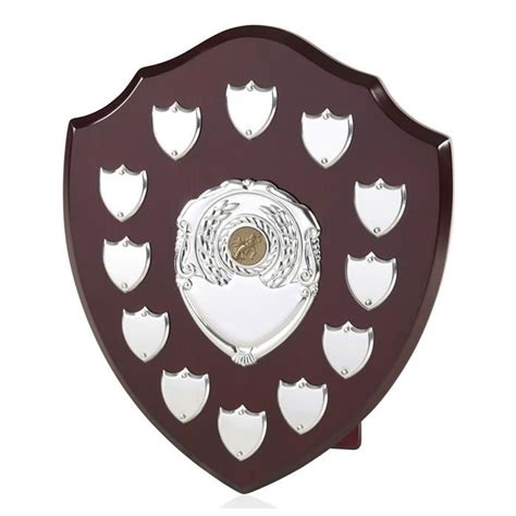 12in Wood Awards Shield With Silver Perpetual Plaques Awards Trophies