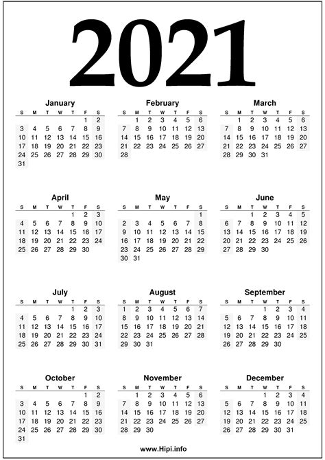 2021 Year 2021 Calendar Printable Black And White