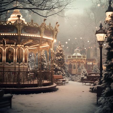 Premium Ai Image Snowy Scene Of A Carousel In A Park With Lights And