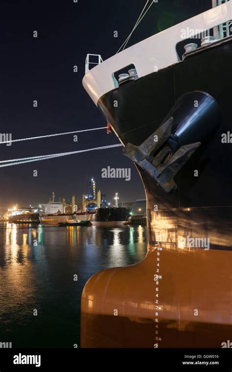Ships Moored At Commercial Dock At Night Stock Photo Alamy