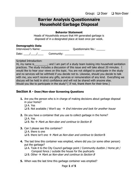 Garbage Disposal Ba Questionnaire