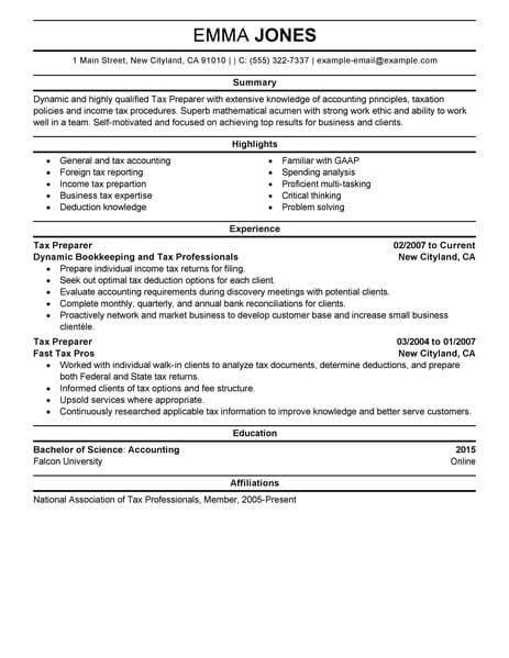 Professional Income Tax Preparer Resume Examples